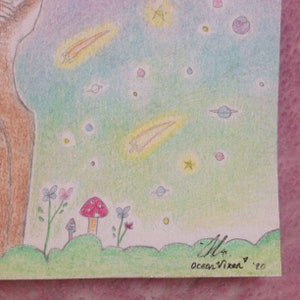 May include: A hand-drawn illustration of a whimsical forest scene with a brown tree trunk, green grass, pink and blue flowers, red mushrooms, and a starry night sky with shooting stars and planets. The artwork is signed "Ocean Vixen '20".