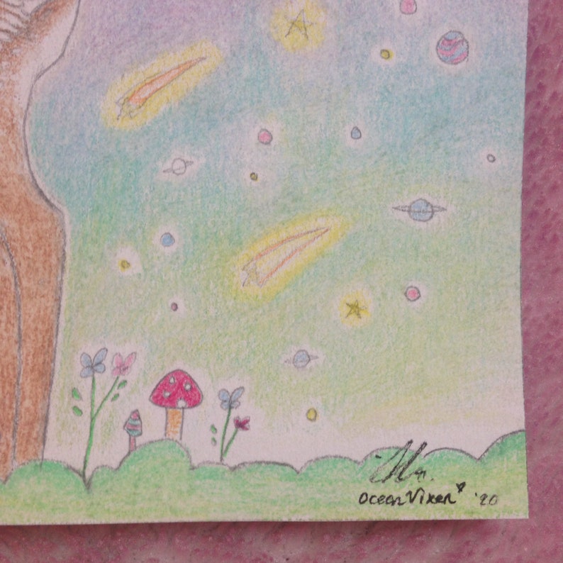 May include: A hand-drawn illustration of a whimsical forest scene with a brown tree trunk, green grass, pink and blue flowers, red mushrooms, and a starry night sky with shooting stars and planets. The artwork is signed "Ocean Vixen '20".