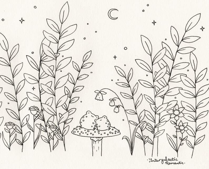 Op de afbeelding: Een zwart-witte lijntekening van twee kikkers die op een paddenstoel zitten onder een halve maan. De kikkers kijken elkaar aan en hebben hun ogen dicht. De tekening is omringd door planten en bloemen. De tekst "Intergalactic Romantic." staat onderaan de tekening.