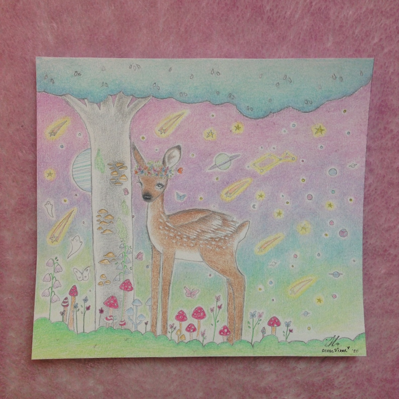 May include: A colourful illustration of a deer with a flower crown standing in a forest with a large tree, mushrooms, and a starry sky. The deer is brown with white spots and has a flower crown on its head. The sky is pink, purple, and blue with stars, planets, and shooting stars. The forest is green with mushrooms of various colours.