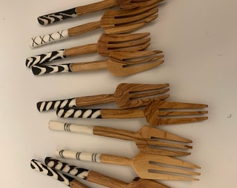 Assorted Wooden Forks. Wholesale Comes In 12 Pieces. Cowbone Handles.