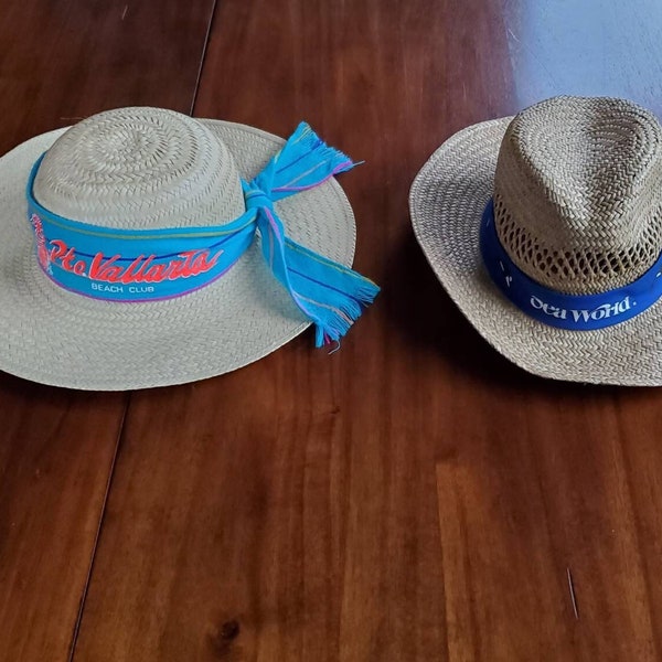 Vintage Vacation Straw Hats PICK 1: Vintage Puerto Vallarta Beach Club Hat Neon Pto. Vallarta or Vintage Sea World Straw Hat NEW OS w/tags