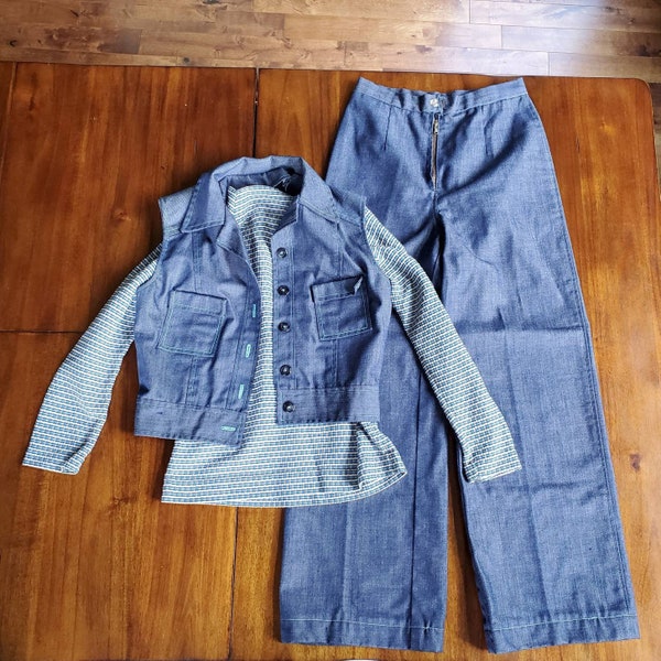 Vintage Handmade 70's Denim Women's Ensemble Matching Jeans Size 6-8, Denim Vest Small + Boat Neck Knit Blue striped Long sleeve top Small/M