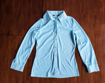 Vintage 70's Turquoise Women's Small Button-Up Shirt with White Polka Dots