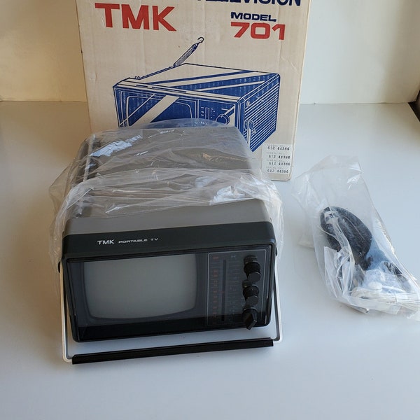NEW 1984 TMK Portable Television Model 701 Portable TV Made in Korea w/ New headphones Open Box/New Old Stock Tested/Works Read Description