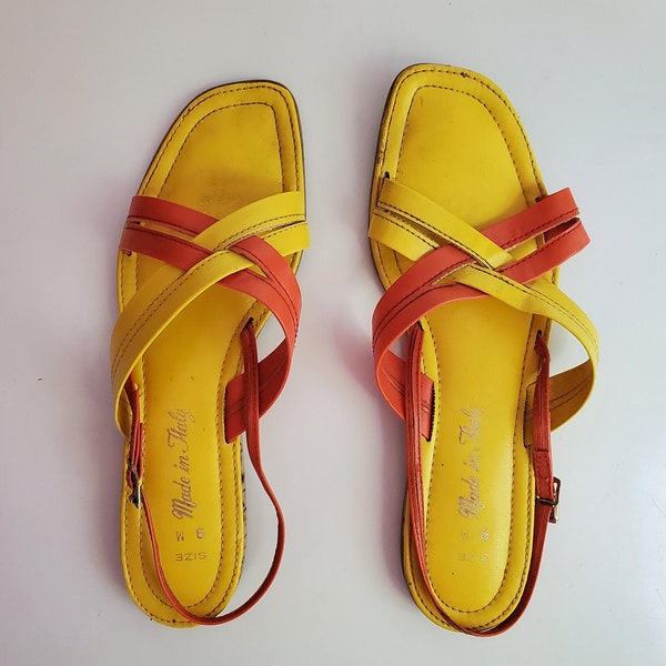 Vintage 80's Women's Italian Cross Flat Sandals Vegan Leather Size 9M Two-toned Yellow + Burnt Orange Made in Italy Vintage Women's Sandals