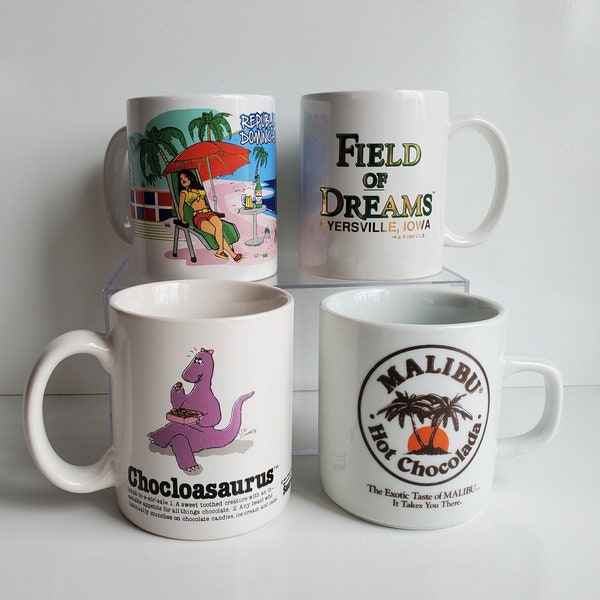 Vintage Coffee Mugs PICK 1: Field of Dreams 1996, 1986 Chocloasaurus mug, Vintage Malibu Hot Chocolada Mug, Republic Dominicana mug