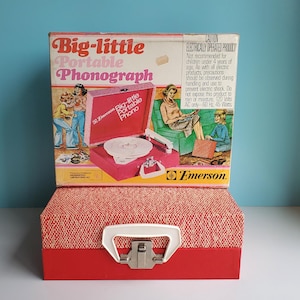 Vintage 70&#39;s Big-Little Portable Phonograph by Emerson NEW OS with Box Model 101A Candy Cane Red Color Tested/Works Plays 33, 45, 78 RPM
