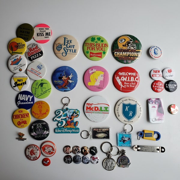 Vintage 80's + 90's Buttons Pins + Key Chains PICK ONE Barbie, Walt Disney, McDonald's, Blockbuster, Milwaukee Bucks, Green Bay Packers