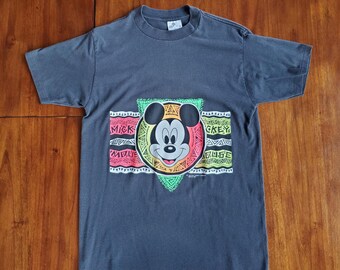 Maglietta vintage di Topolino con cucitura singola rovinata, taglia media per adulti, nera, rosa shocking, verde neon The Walt Disney Company AMI