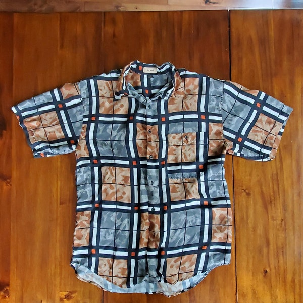 Vintage Silk Shirt by Silk House fits Men's Size Large/XL* READ 90's Sizing Abstract Pattern w/ Piet Mondrian like patterns Silk House XL