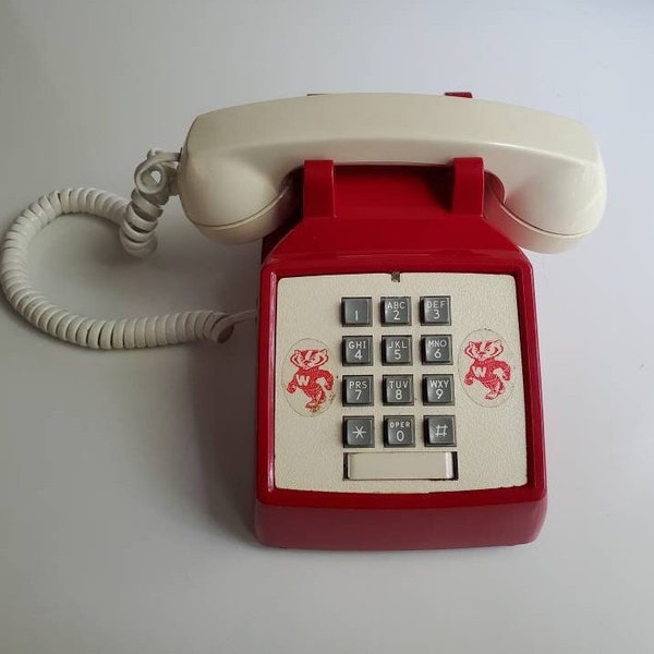 Vintage 70's Wisconsin Badgers Push Button Phone Western Electric ITT Tested/Works Great Red + White Phone punch button phone