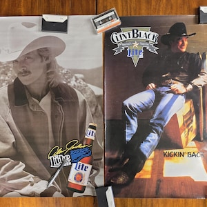 Vintage Alan Jackson + Clint Black Poster lot (2) 1990&#39;s Lite Beer Miller Brewing Clint Black Kickin&#39; Back +Alan Jackson poster