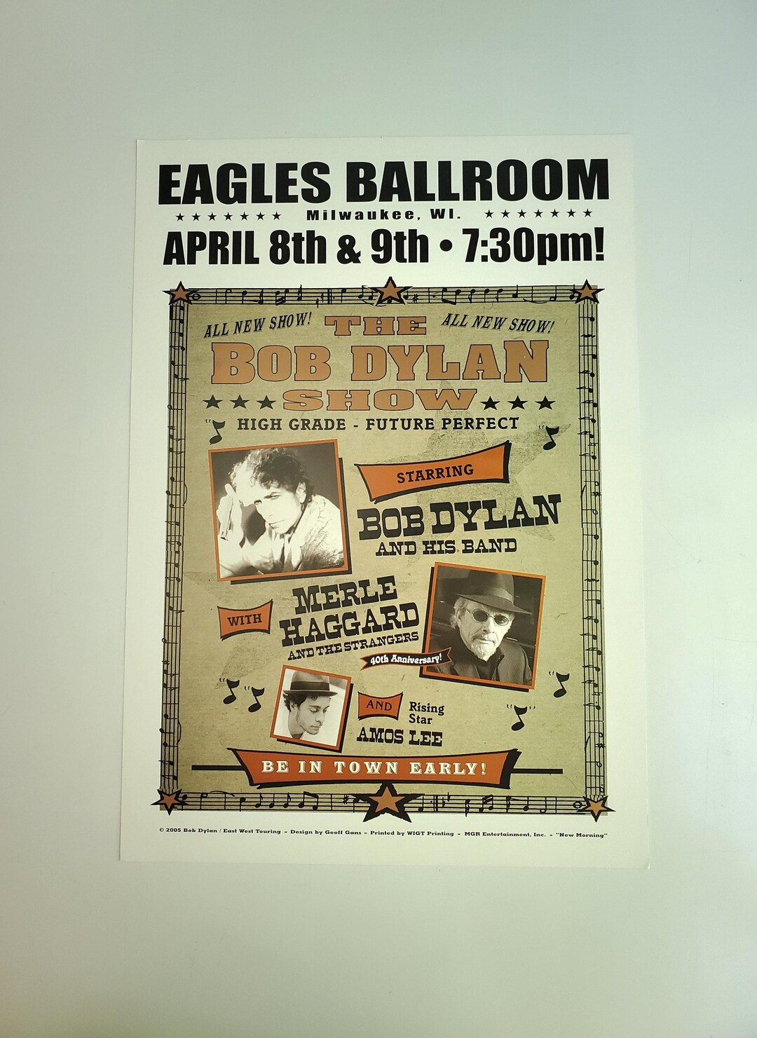 Vintage Bob Dylan Poster Milwaukee, Wi. Eagles Ballroom 2005 W