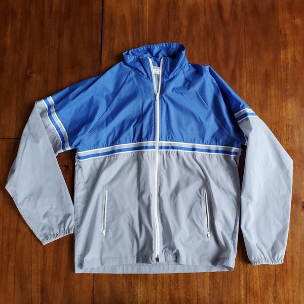 Vintage 80's MacGregor Windbreaker Size Men's Medium 100% Nylon Windbreaker Jacket Blue & Gray w/ removable hood