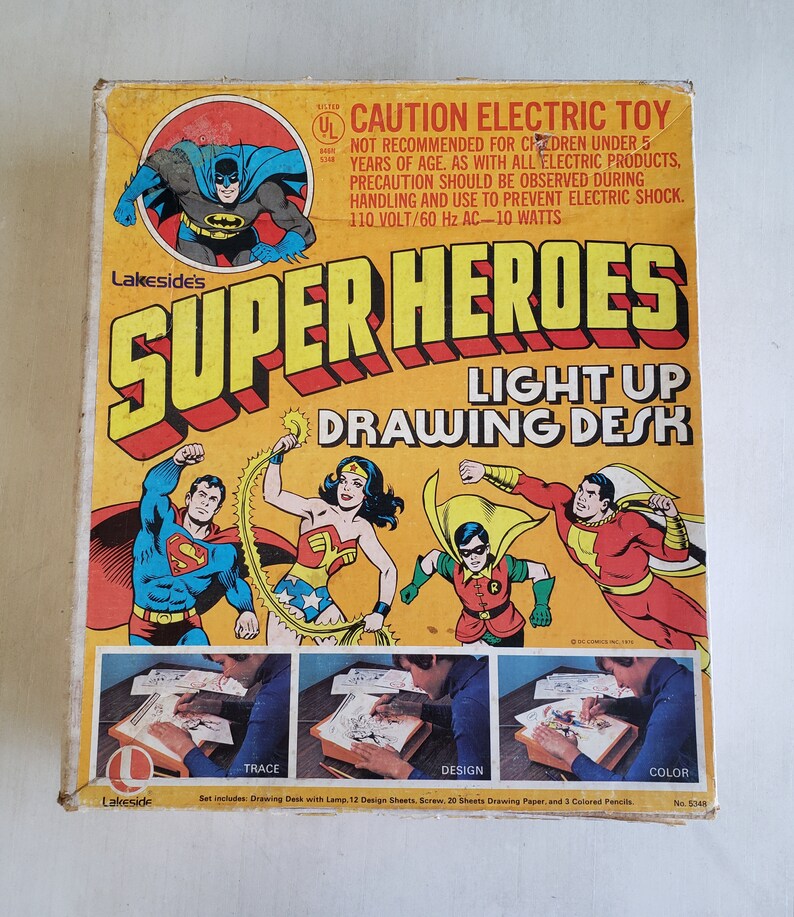 1976 Superheroes Light Up Drawing Desk By Lakeside S Superman Wonderwoman Batman Dc Comics Vintage Box Works