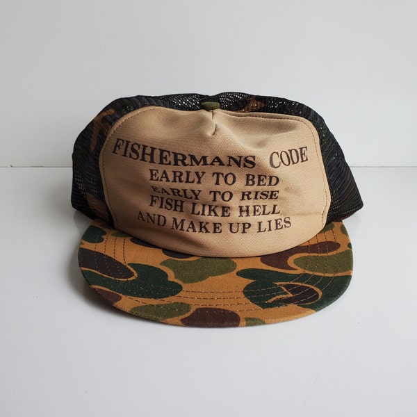 Important Dad Statement hat Vintage Fishing Snapback Trucker Hat Camo READ DESCRIPTION Fisherman's Code Early To Bed Early to Rise Fish...