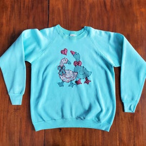 Vintage 80&#39;s Turquoise Sweatshirt Quilted Ducks Love Fruit of the Loom Adult Size XL **Has Some Light Stains** Vintage Ducks