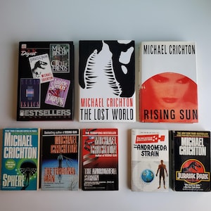 Vintage Jurassic Park + Michael Crichton Books Pick 1: The Lost World 1st Trade/Print Edition, Rising Sun 1st Printing, The Andromeda Strain