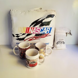 Vintage Nascar Lot: Jeff Gordon Coffee Mug Lot of 3 1998 Jeff Gordon, Indianapolis 500 2000 Mug + 1999 Nascar Seat Cushion, Rain Poncho