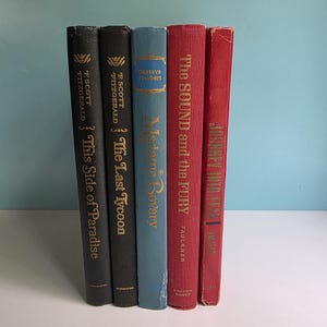 Vintage Hardcover Book Lot (5): F. Scott Fitzgerald The Last Tycoon + This Side of Paradise,  The Sound and The Fury Faulkner, Madame Bovary