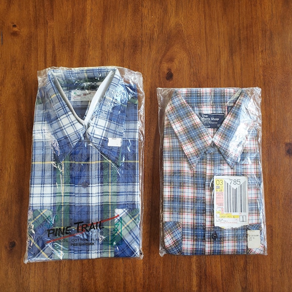 NEW OS Flannel Shirts PICK 1: 70s/80s era Size Men's Large Tall by JCPenney Blue Flannel or Pine Trail Large Vintage Flannel Plaid shirts