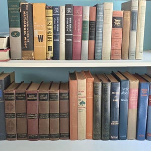 May include: A collection of vintage books displayed on two white shelves. The books have various colors and sizes, with titles and authors visible on the spines. The top shelf features titles like "Look Homeward, Angel" and "The Moon is Down."