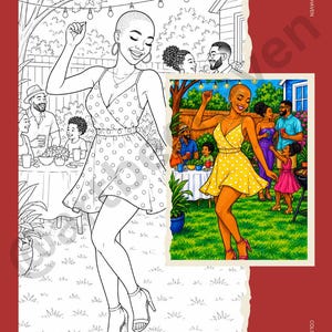 以下が含まれることがあります： 屋外での集まりで踊る女性の白黒の塗り絵とカラーイラスト。カラーイラストの女性は、黄色の水玉模様のドレスとピンクのハイヒールを着用しています。「COLOR ME, SIS」というテキストが表示されます。