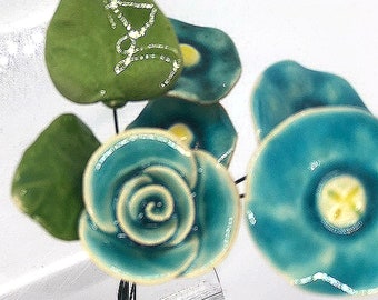 Turquoise Floral Collection:  Polish Ceramic Rose, 4 Ceramic Flowers, 2 Ceramic Leaves - Made in Poland - Crafts and Other Decorative Uses