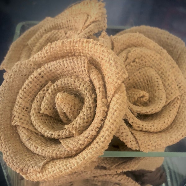 Natural Burlap Roses-Four 2.75" Diameter Handmade Roses - Natural Bowl Filler Burlap Fabric 4 Roses Rustic Crafts Tablescape Craft Supply