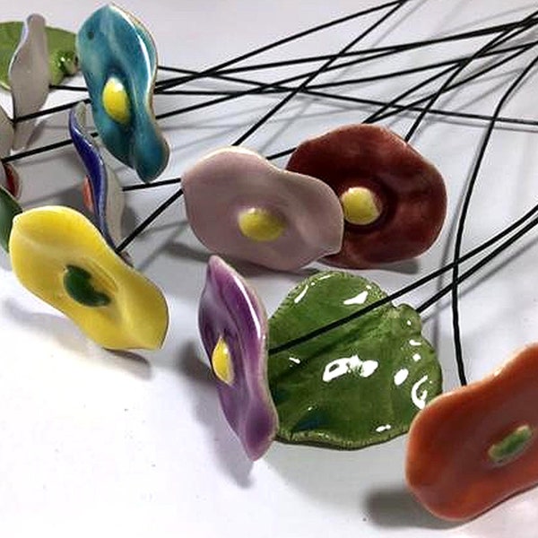 10 Ceramic Polish Flowers in 10 Different Colors and 2 Green Leaves Made in Poland - Crafts and Other Decorative Uses