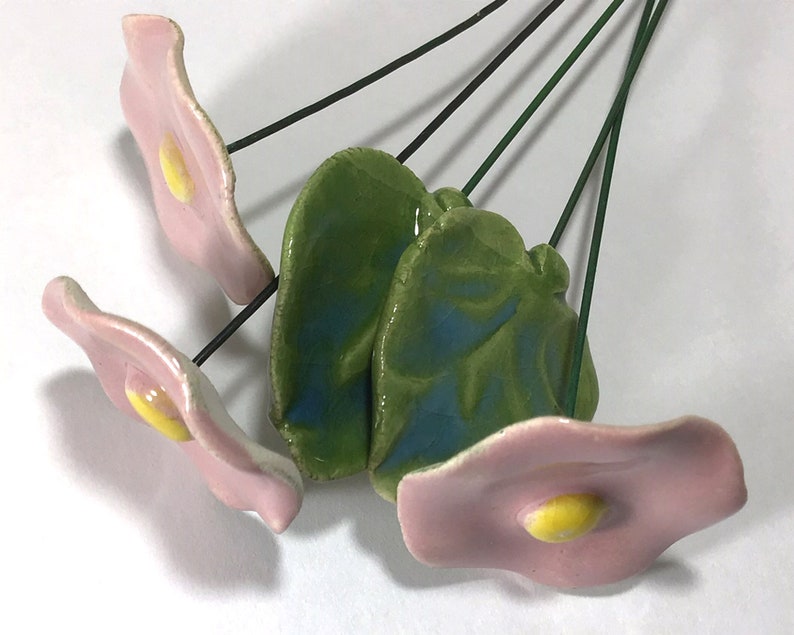 3 Pink Ceramic Flowers 2 Ceramic Leaves Made in Poland Etsy