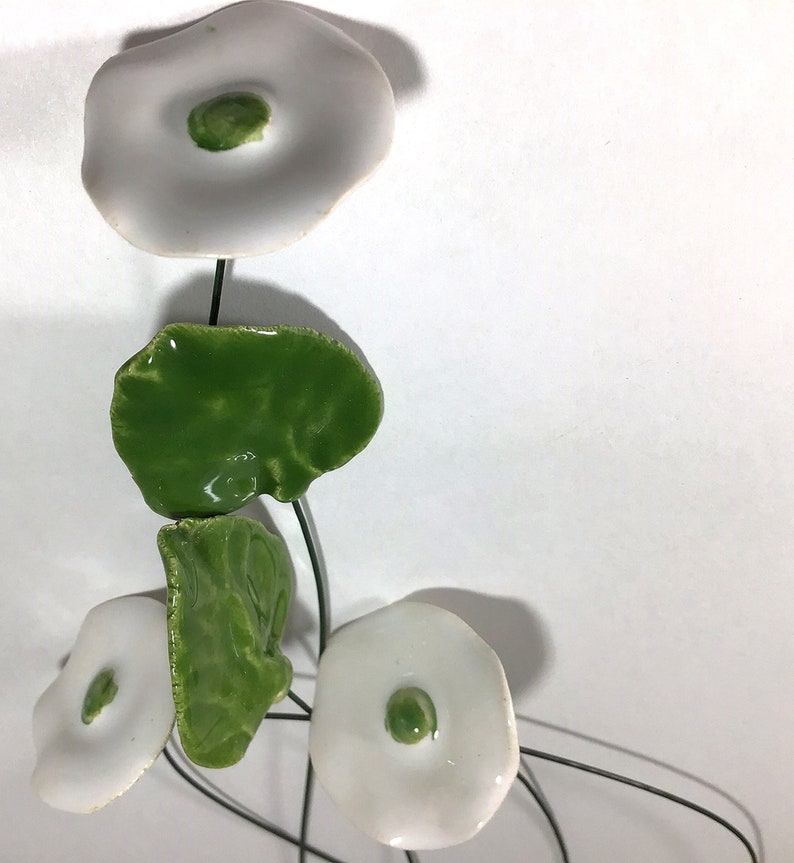 3 Polish Ceramic Faux Flowers White 2 Leaves Made in Poland Wire Stems