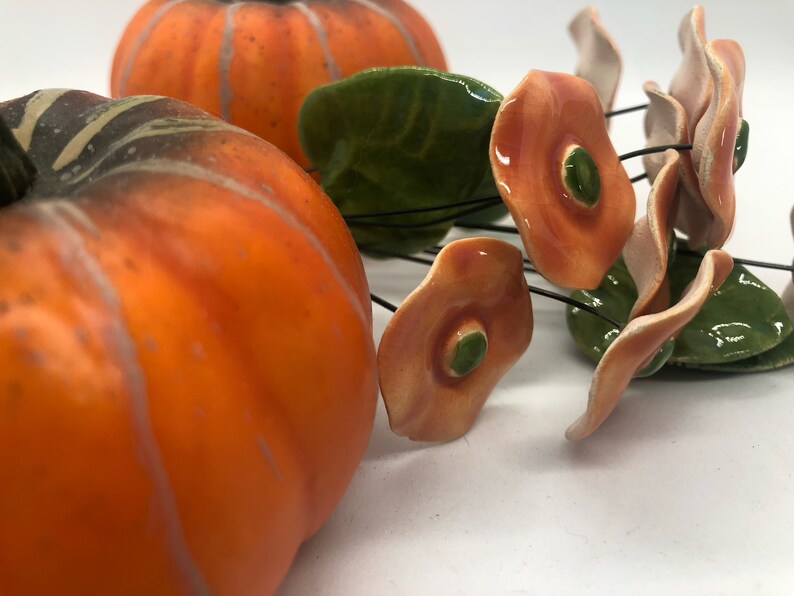 5 Orange Ceramic Flowers Made in Poland 10 Inch Wire Stems Crafts