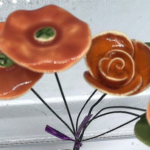 Orange Floral Collection 7 Piece: 1 Orange Ceramic Rose, 4 Orange Ceramic Flowers, 2 Ceramic  Green Leaves Ceramics - Made in Poland