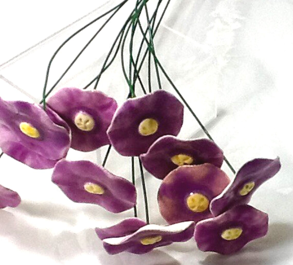 12 Ceramic Flowers Long Stem with Yellow Pistils 15 Long Etsy