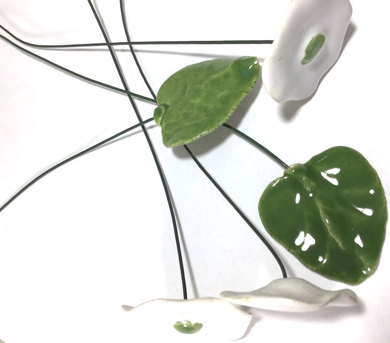 3 Polish Ceramic Faux Flowers White 2 Leaves Made in Poland Wire Stems
