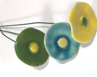 3 Polish Ceramic Flowers Yellow Turquoise Green Made in Poland Single 10" Wire Stems - Crafts and Other Decorative Uses