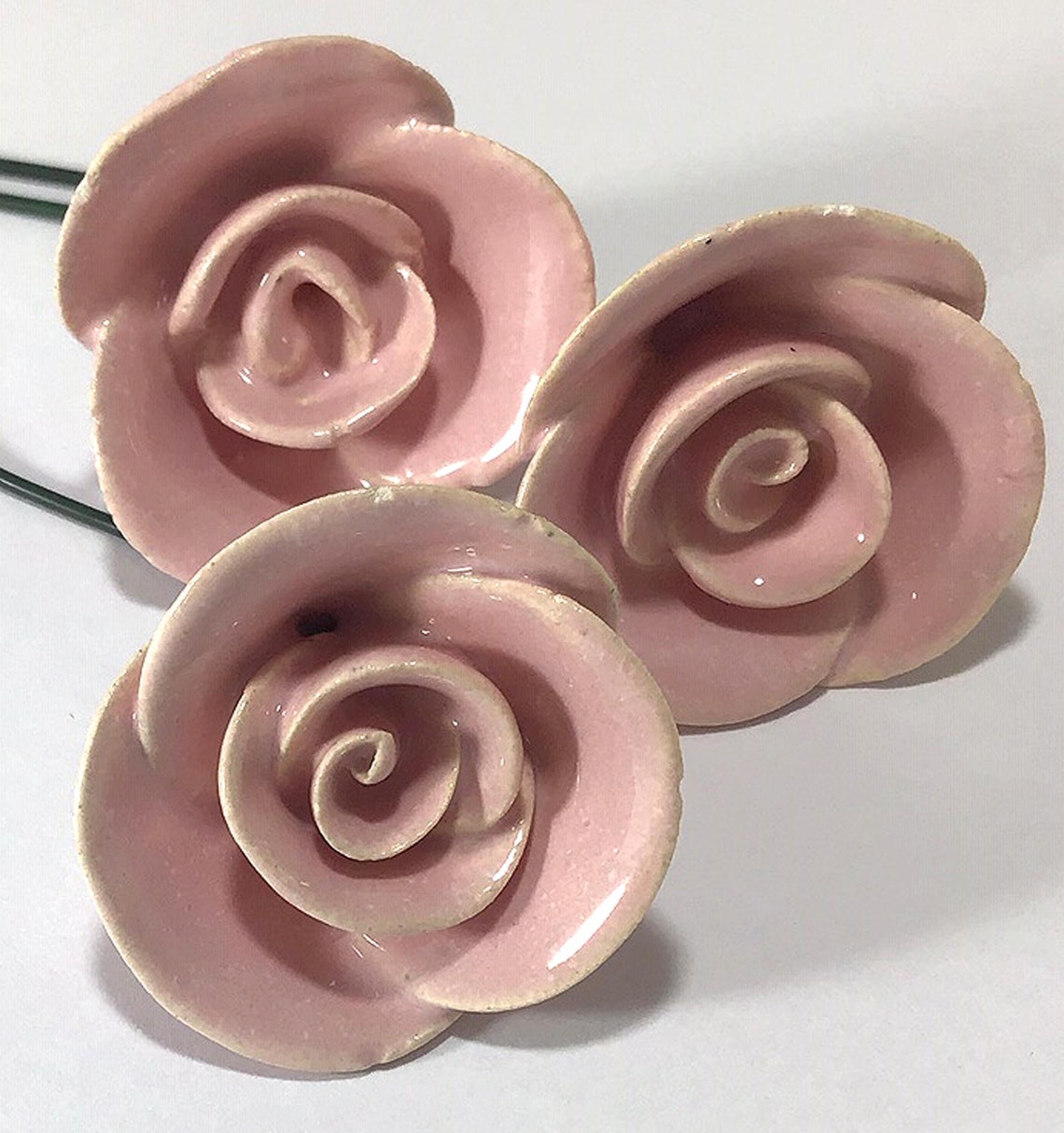 3 Ceramic Roses Pink on 10 Wire Stems Made by Hand in Etsy