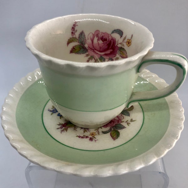 Vintage Windsor Ware Demitasse Cup and Saucer "Victorian Rose" Johnson Bros ~ Made in England - 1942 Wedding Gift - Green and Rose Red