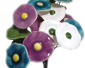12 Polish Ceramic Flowers 4 Purple, 4 Turquoise and 4 White 2 Green Ceramic Leaves - 10" Wire Stems