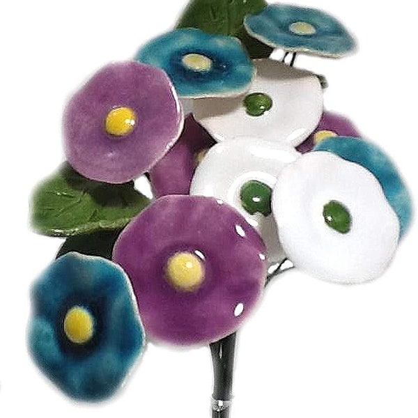 12 Polish Ceramic Flowers 4 Purple, 4 Turquoise and 4 White 2 Green Ceramic Leaves - 10" Wire Stems