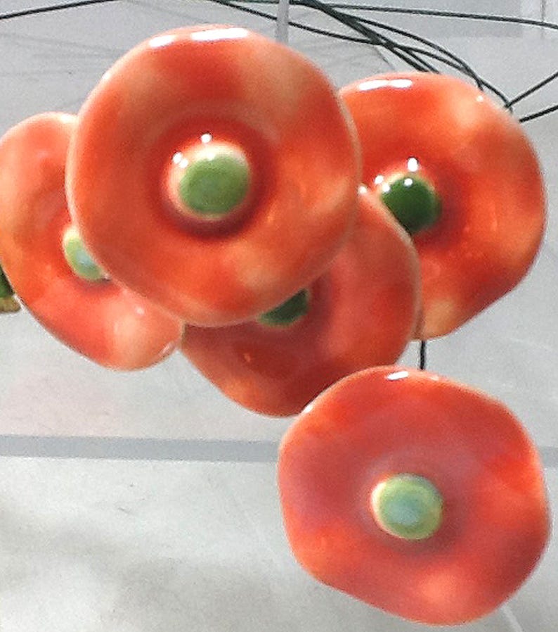 5 Orange Ceramic Flowers Made in Poland 10 Inch Wire Stems Crafts