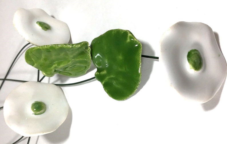 3 Polish Ceramic Faux Flowers White 2 Leaves Made in Poland Wire Stems