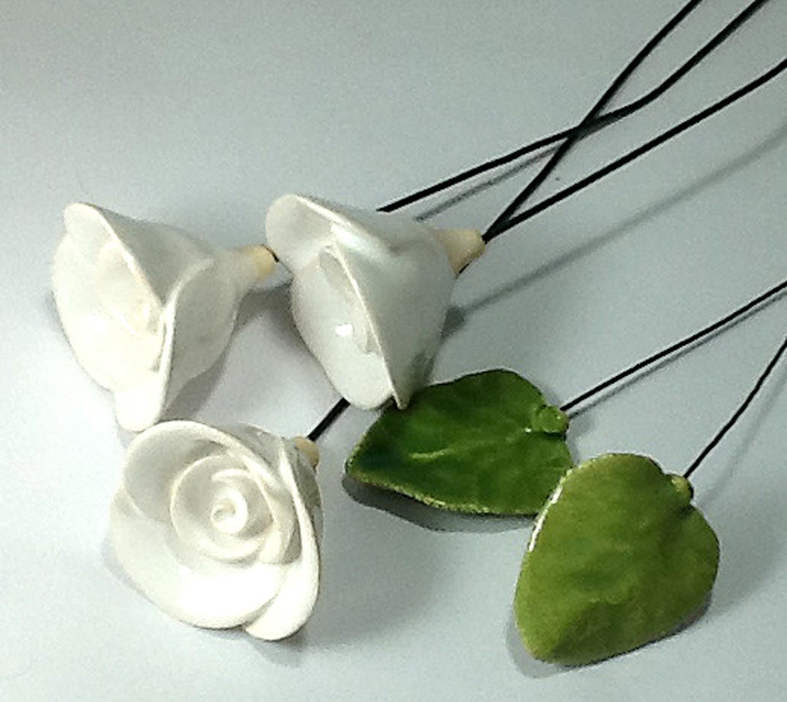 Three Ceramic Roses White & 2 Ceramic Leaves. Made by Hand Etsy