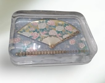 Solid Glass Paperweight Asian Floral Fan Design in Pinks & Blues - Oblong 4 1/8 x 3 1/8 Inches and 1 Inch High - Pre-Owned Great Condition