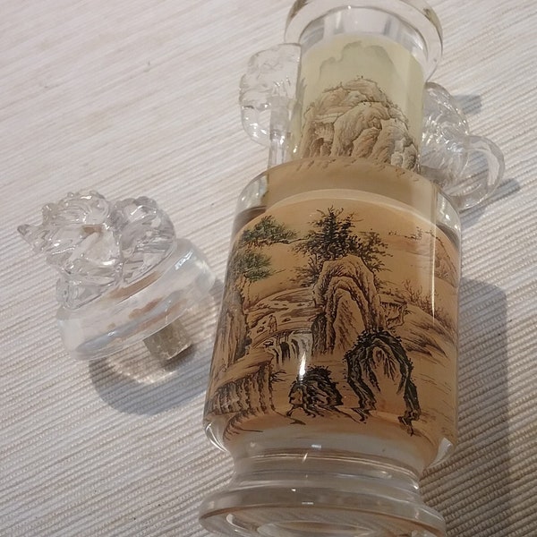 Snuff Bottle with Foo Dog Glass Lid - Chinese Reverse Painting of Brown and Black Landscape Images