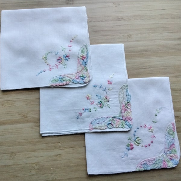 Dainty Floral Hankies - Set of 3 Matching - White Cotton with Pastel Floral Designs -  - Each 10 In. Square - Good Condition