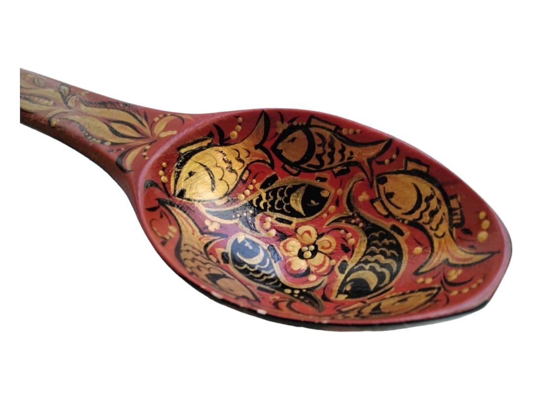 Traditional Russian Hand-Painted Khokhloma Spoons Set Of 6 Wooden Spoons Golden Red Kitchen Accessories Tableware Serving Dishes Russian Souvenir Unique Gift