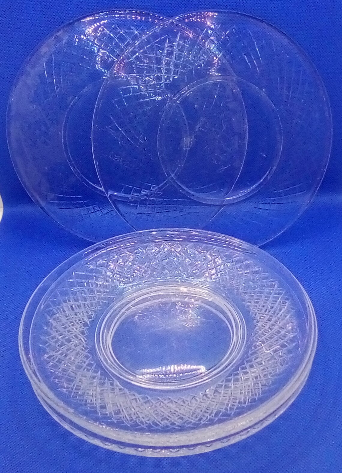 Clear Glass Dessert Plates Etched Diamond Pattern Vintage Etsy